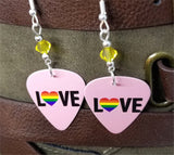 Love Pride Flag Heart Guitar Pick Earrings with Yellow Swarovski Crystals