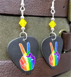 Pride Rainbow on Peace Fingers Guitar Pick Earrings with Yellow Opal Swarovski Crystals
