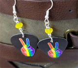 Pride Rainbow on Peace Fingers Guitar Pick Earrings with Yellow Opal Swarovski Crystals
