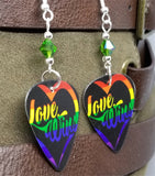 Love Wins Pride Guitar Pick Earrings with Green Swarovski Crystals
