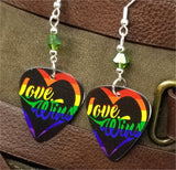 Love Wins Pride Guitar Pick Earrings with Green Swarovski Crystals