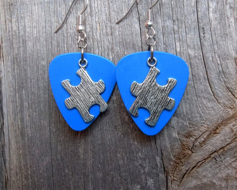 CLEARANCE Puzzle Piece Charm Guitar Pick Earrings - Pick Your Color - Autism Awareness
