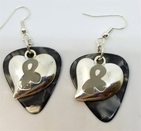 CLEARANCE Gray Ribbon on a Heart Charm Guitar Pick Earrings - Pick Your Color
