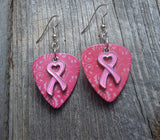 CLEARANCE Pink Heart Ribbon Charm Guitar Pick Earrings - Pick Your Color