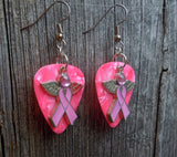 CLEARANCE Winged Pink Ribbon Charm Guitar Pick Earrings - Pick Your Color
