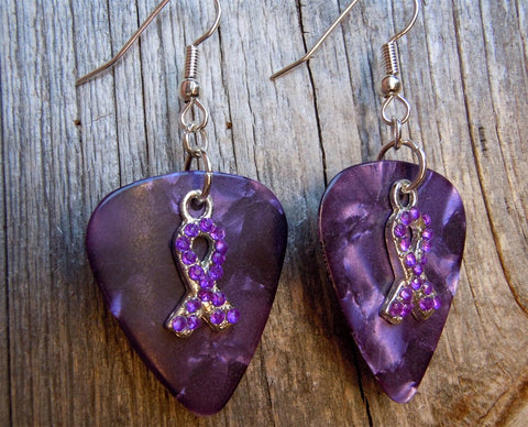 CLEARANCE Purple Rhinestone Ribbon Charm Guitar Pick Earrings - Pick Your Color