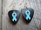 CLEARANCE Aqua Ribbon with Puzzle Piece Cut Out Charm Guitar Pick Earrings - Pick Your Color - Autism Awareness