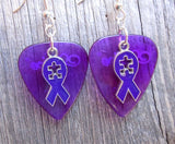 CLEARANCE Purple Ribbon with Puzzle Piece Cut Out Charm Guitar Pick Earrings - Pick Your Color - Autism Awareness