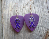 CLEARANCE Purple Ribbon with Puzzle Piece Cut Out Charm Guitar Pick Earrings - Pick Your Color - Autism Awareness