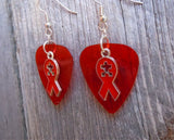 CLEARANCE Red Ribbon with Puzzle Piece Cut Out Charm Guitar Pick Earrings - Pick Your Color - Autism Awareness