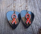 CLEARANCE Red Ribbon with Puzzle Piece Cut Out Charm Guitar Pick Earrings - Pick Your Color - Autism Awareness