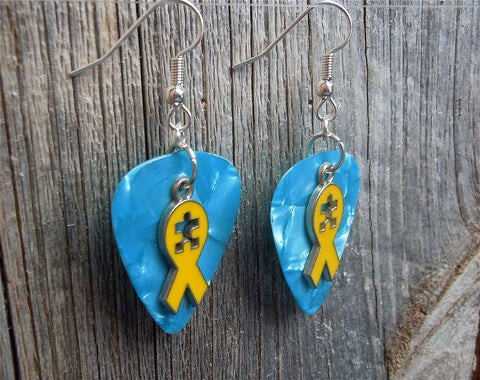 CLEARANCE Yellow Ribbon with Puzzle Piece Cut Out Charm Guitar Pick Earrings - Pick Your Color - Autism Awareness