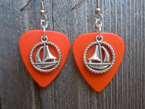 CLEARANCE Sailboat Inside a Rope Circle Charm Guitar Pick Earrings - Pick Your Color