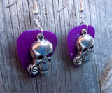 Skull with Rose in Teeth Silver Charm Guitar Pick Earrings - Pick Your Color