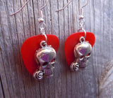Skull with Rose in Teeth Silver Charm Guitar Pick Earrings - Pick Your Color