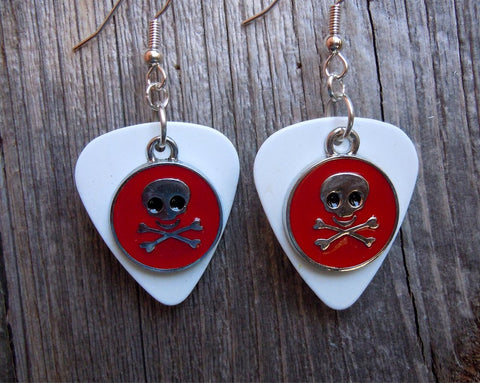 CLEARANCE Skull and Crossbone Red Coin Charm Guitar Pick Earrings - Pick Your Color