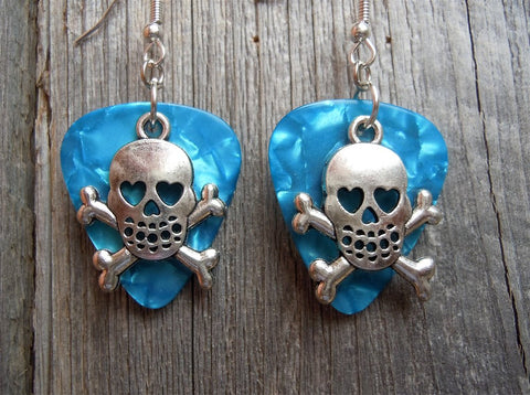 CLEARANCE Skull and Crossbone with Heart Eyes Charm Guitar Pick Earrings - Pick Your Color