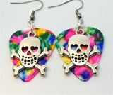 CLEARANCE Skull and Crossbone with Heart Eyes Charm Guitar Pick Earrings - Pick Your Color