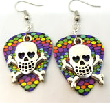 CLEARANCE Skull and Crossbone with Heart Eyes Charm Guitar Pick Earrings - Pick Your Color