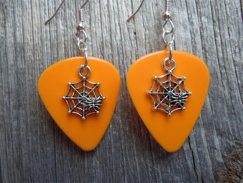 CLEARANCE Spiderweb with Spider Charm Guitar Pick Earrings - Pick Your Color