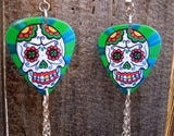 Sugar Skull on a Green Background Guitar Pick Earrings with Swarovski Crystal Dangles