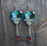 Blue, Red and Green Sugar Skull Guitar Pick Earrings with Swarovski Crystal Dangles