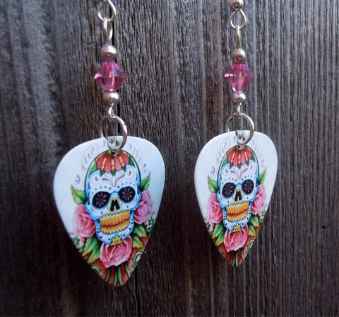 Sugar Skull and Pink Roses Guitar Pick Earrings with Pink Swarovski Crystals