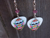 Sugar Skull and Pink Roses Guitar Pick Earrings with Pink Swarovski Crystals