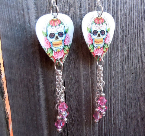 Sugar Skull and Pink Roses Guitar Pick Earrings with Pink Swarovski Crystal Dangles