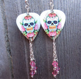 Sugar Skull and Pink Roses Guitar Pick Earrings with Pink Swarovski Crystal Dangles