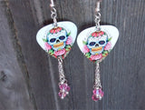 Sugar Skull and Pink Roses Guitar Pick Earrings with Pink Swarovski Crystal Dangles