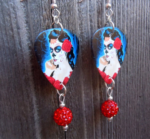 Beautiful Sugar Skull Woman with a Rose In Her Hair Guitar Pick Earrings with Red Pave Bead Dangles