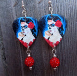 Beautiful Sugar Skull Woman with a Rose In Her Hair Guitar Pick Earrings with Red Pave Bead Dangles