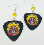Sugar Skull Surrounded By Candles Guitar Pick Earrings with Yellow Swarovski Crystals