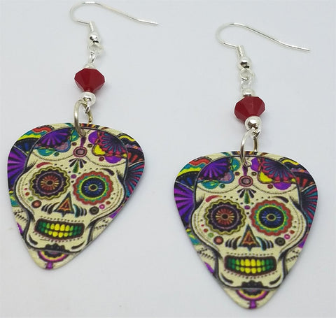 Colorful Sugar Skull Guitar Pick Earrings with Opaque Red Swarovski Crystals