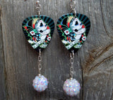 Sugar Skull with Flowered Head Piece Guitar Pick Earrings with a White AB Rhinestone Dangle