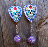 Purple Diagonal Stripes Background Sugar Skull Guitar Pick Earrings with Purple Studded Rhinestone Dangles