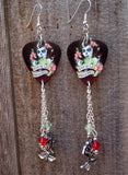 Red and Green Sugar Skull Guitar Pick Earrings with Silver Rose Charm and Swarovski Crystal Dangles