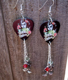 Red and Green Sugar Skull Guitar Pick Earrings with Silver Rose Charm and Swarovski Crystal Dangles