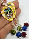 Yellow and White Background Sugar Skull Guitar Pick Earrings with Pave Bead Dangles