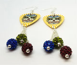 Yellow and White Background Sugar Skull Guitar Pick Earrings with Pave Bead Dangles
