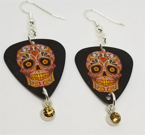 Red and Golden Yellow Sugar Skull Guitar Pick Earrings with Crystal Charm Dangles