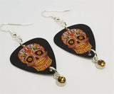 Red and Golden Yellow Sugar Skull Guitar Pick Earrings with Crystal Charm Dangles