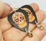 Red and Golden Yellow Sugar Skull Guitar Pick Earrings with Crystal Charm Dangles