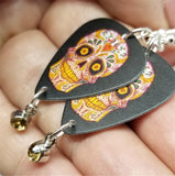 Red and Golden Yellow Sugar Skull Guitar Pick Earrings with Crystal Charm Dangles