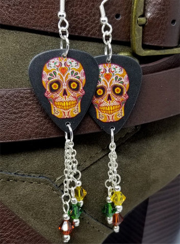 Red, Green, and Yellow Sugar Skull Guitar Pick Earrings with Swarovski Crystal Dangles