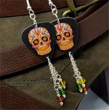 Red, Green, and Yellow Sugar Skull Guitar Pick Earrings with Swarovski Crystal Dangles