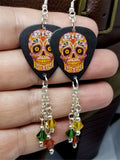 Red, Green, and Yellow Sugar Skull Guitar Pick Earrings with Swarovski Crystal Dangles