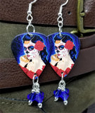 Beautiful Sugar Skull Woman with a Rose In Her Hair Guitar Pick Earrings with Blue Swarovski Crystal Dangles