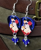 Beautiful Sugar Skull Woman with a Rose In Her Hair Guitar Pick Earrings with Blue Swarovski Crystal Dangles